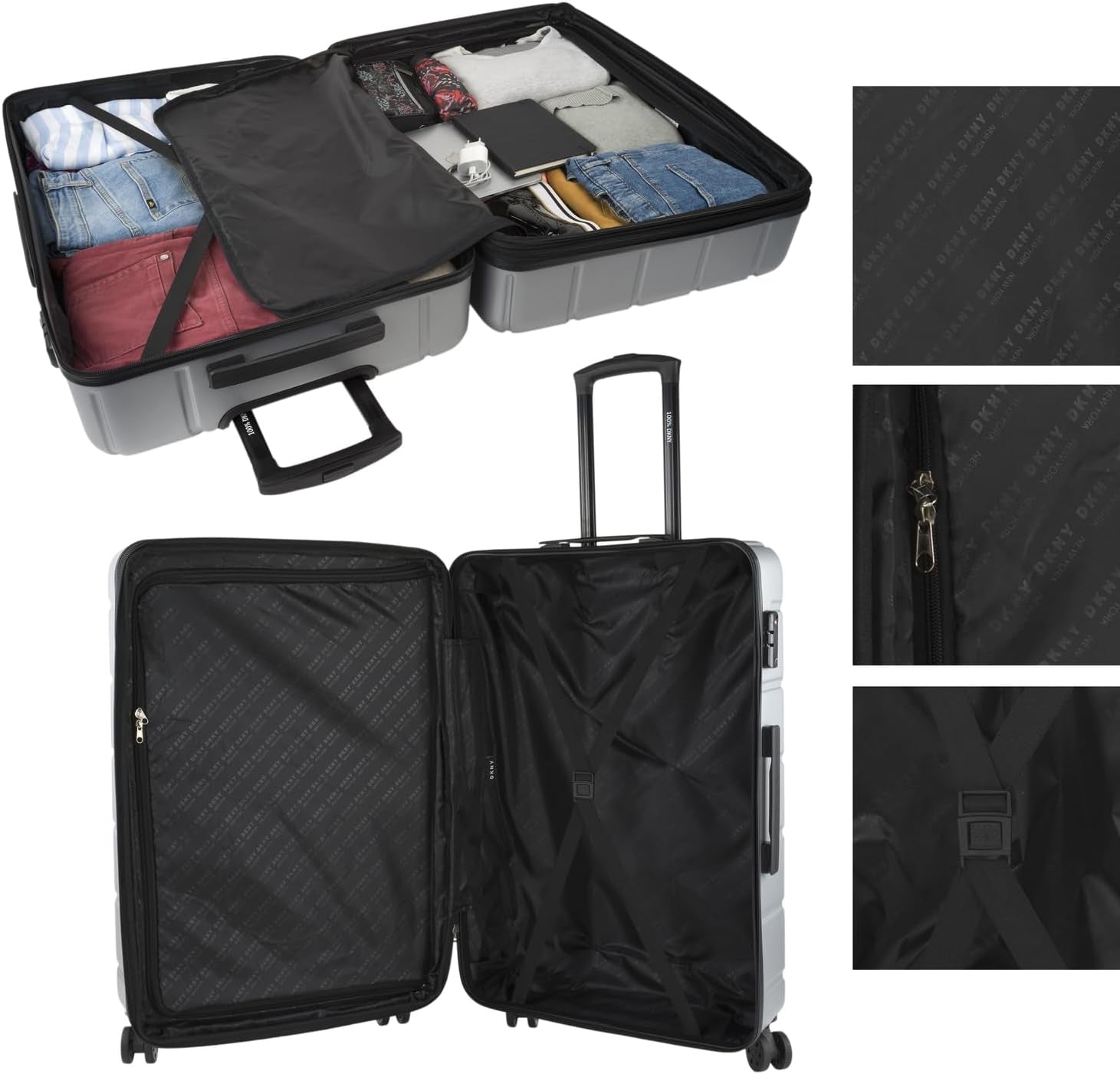 DKNY - Grote koffer met 4 wielen Grote lichtgewicht koffer - Grote reiskoffer op wielen. Grote vliegtuigreiskoffer Harde koffer met gecertificeerde sluiting - Grote trollerkoffer Zilveren bagage en reisuitrusting Naty Shop