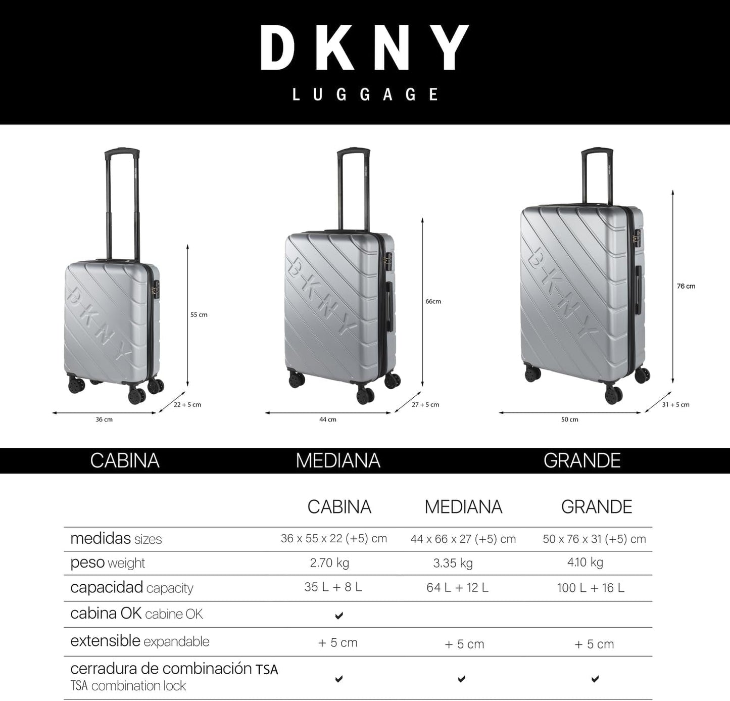 DKNY - Grote koffer met 4 wielen Grote lichtgewicht koffer - Grote reiskoffer op wielen. Grote vliegtuigreiskoffer Harde koffer met gecertificeerde sluiting - Grote trollerkoffer Zilveren bagage en reisuitrusting Naty Shop