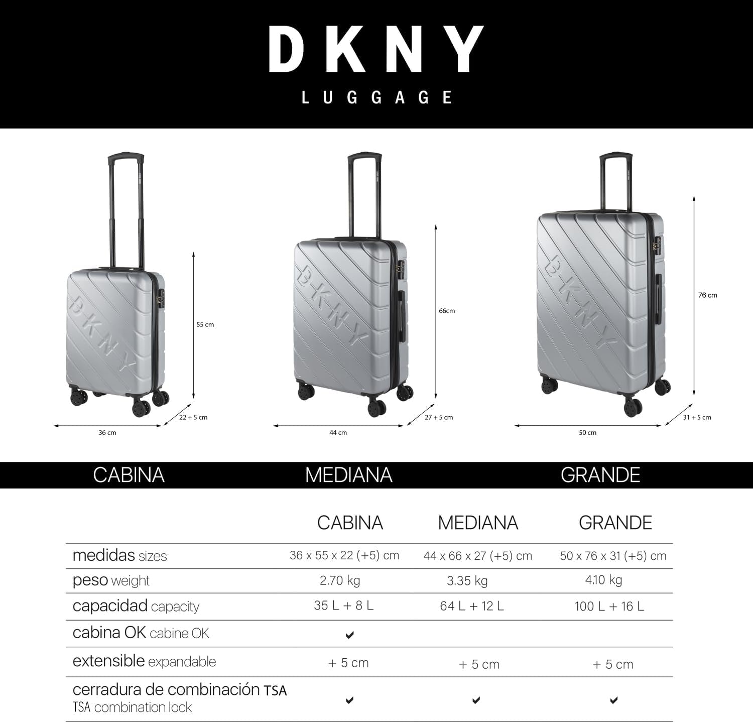 DKNY - Grote koffer met 4 wielen Grote lichtgewicht koffer - Grote reiskoffer op wielen. Grote vliegtuigreiskoffer Harde koffer met gecertificeerde sluiting - Grote trollerkoffer Zilveren bagage en reisuitrusting Naty Shop