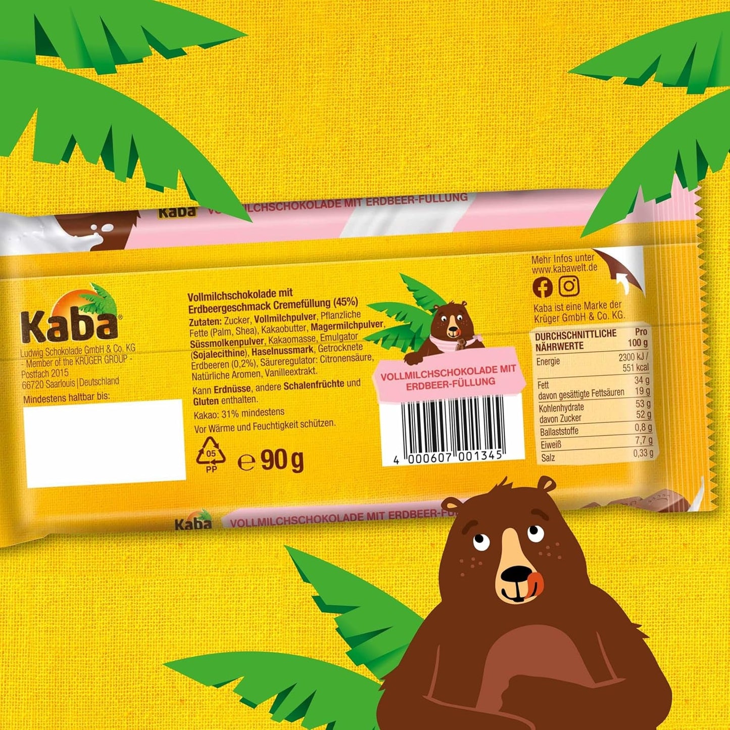 Kaba melkchocolade met aardbeiencrème, gevulde chocoladereep, reep van 90 g, smelt-in-je-mond chocolade met fruitige aardbeiencrème en originele Kaba-smaak (pak van 2)