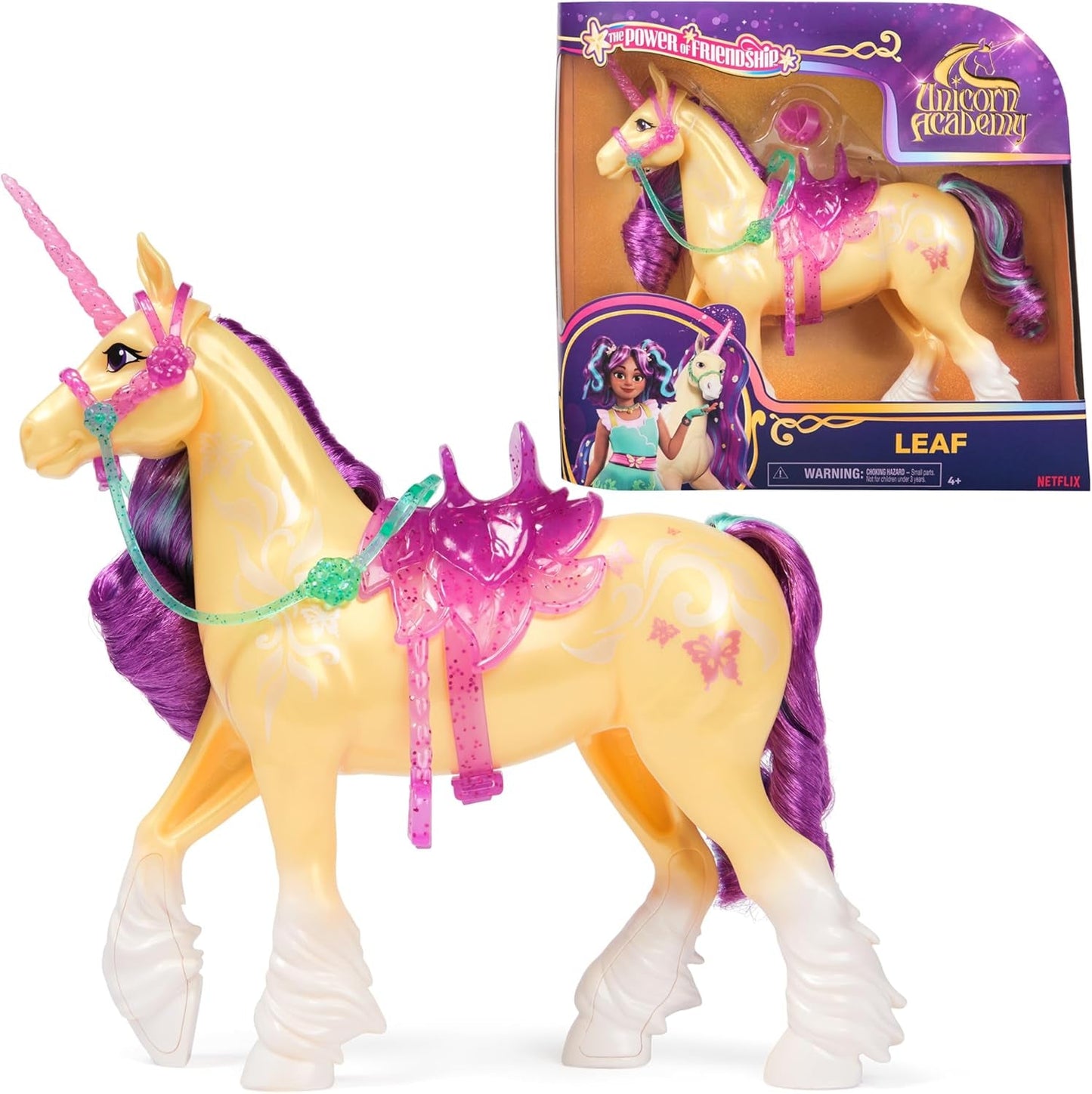 Unicorn Leaf Unicorn Academy - 28 cm grote originele Ava eenhoorn uit de Netflix-serie met echte manen en staart, afneembaar hoofdstel en zadel en borstel, voor kinderen vanaf 4 jaar