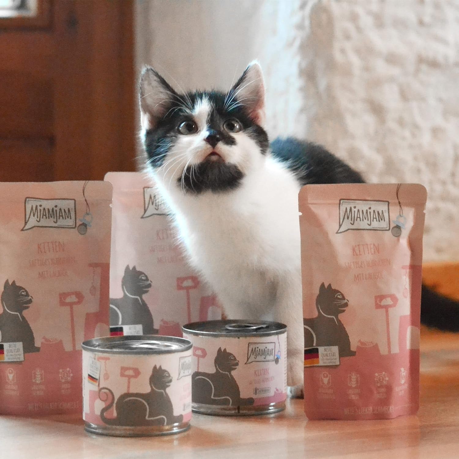 MjAMjAM - Premium nat kattenvoer - Kittenbox - 3x Zalmolie Kip en 3x Zalmolie Kalfsvlees, Voedselzak, Pen, Doosdeksel, 6 stuks (6 x 200 g)