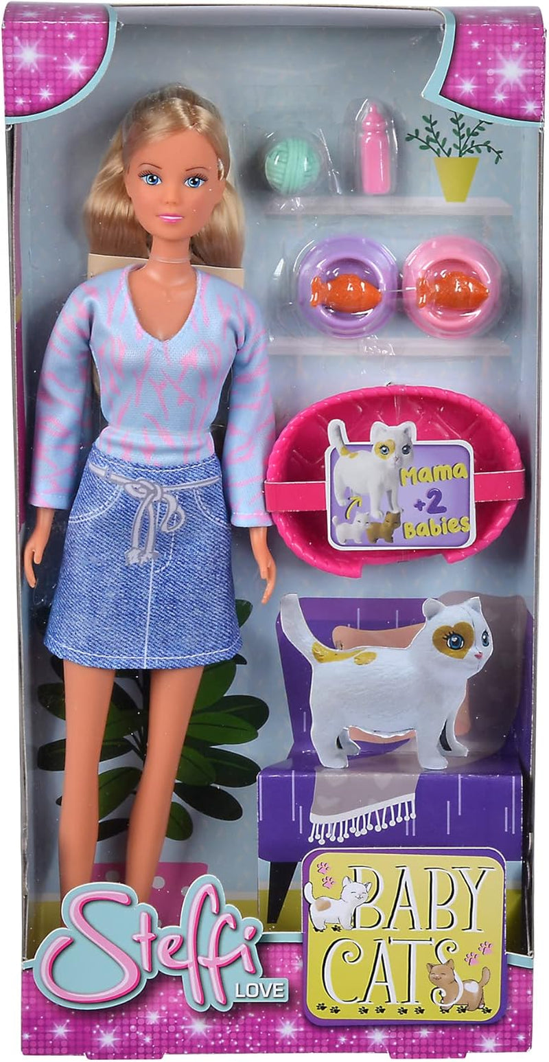 Simba Steffi Love Baby Cats, speeltoestel in modieuze kleding met schwangerer Katze en Zwei süßen Katzenbabys, Zubehör, 29cm, vanaf 3 jaar