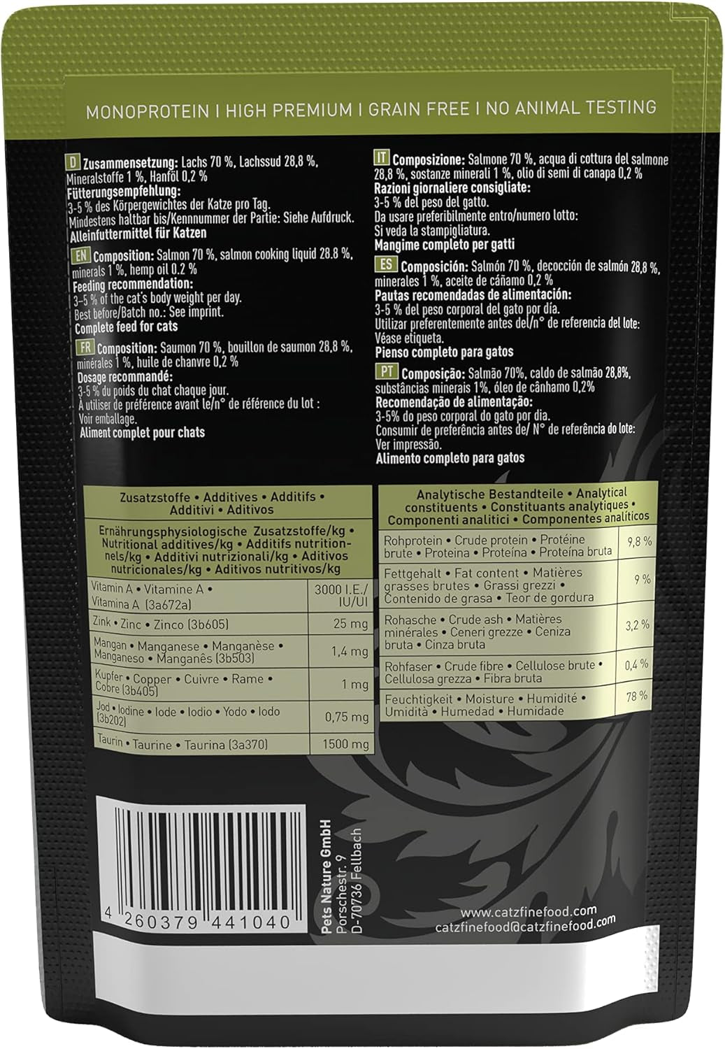 Kattennatvoer Catz Finefood Purrrr met monoproteïne en zalm nr. 105, voor katten met een gevoelige spijsvertering, 16 x 80 g