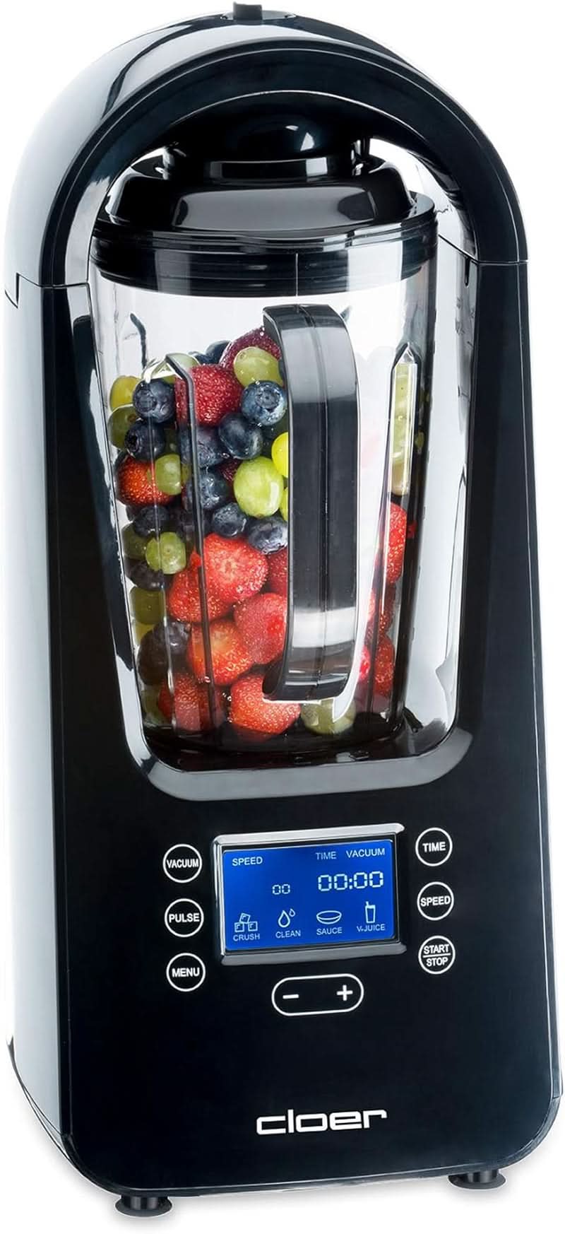 Cloer 6980 Vakuum Standmixer / 800 Watt / 21.000 U/Min. / Incl. Vorratsbehälter/Vakuumventil/Automatikprogramme/Eis-Crush-Funktion/Reinigungsfunktion/Schwarz, 1500 Milliliter Keuken Naty Shop