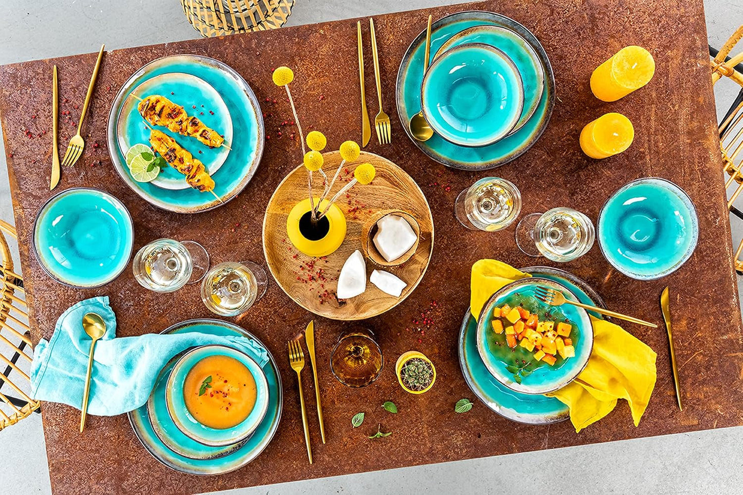 ZANGER | Capri Servies 12-delig Serviesset 4 Persoons Steengoed Servies Inclusief Dinerborden, Dessertborden en Suma Borden Handgemaakt Turquoise Serviesgoed met Grijze Rand | DE PREMIUM COLLECTIE