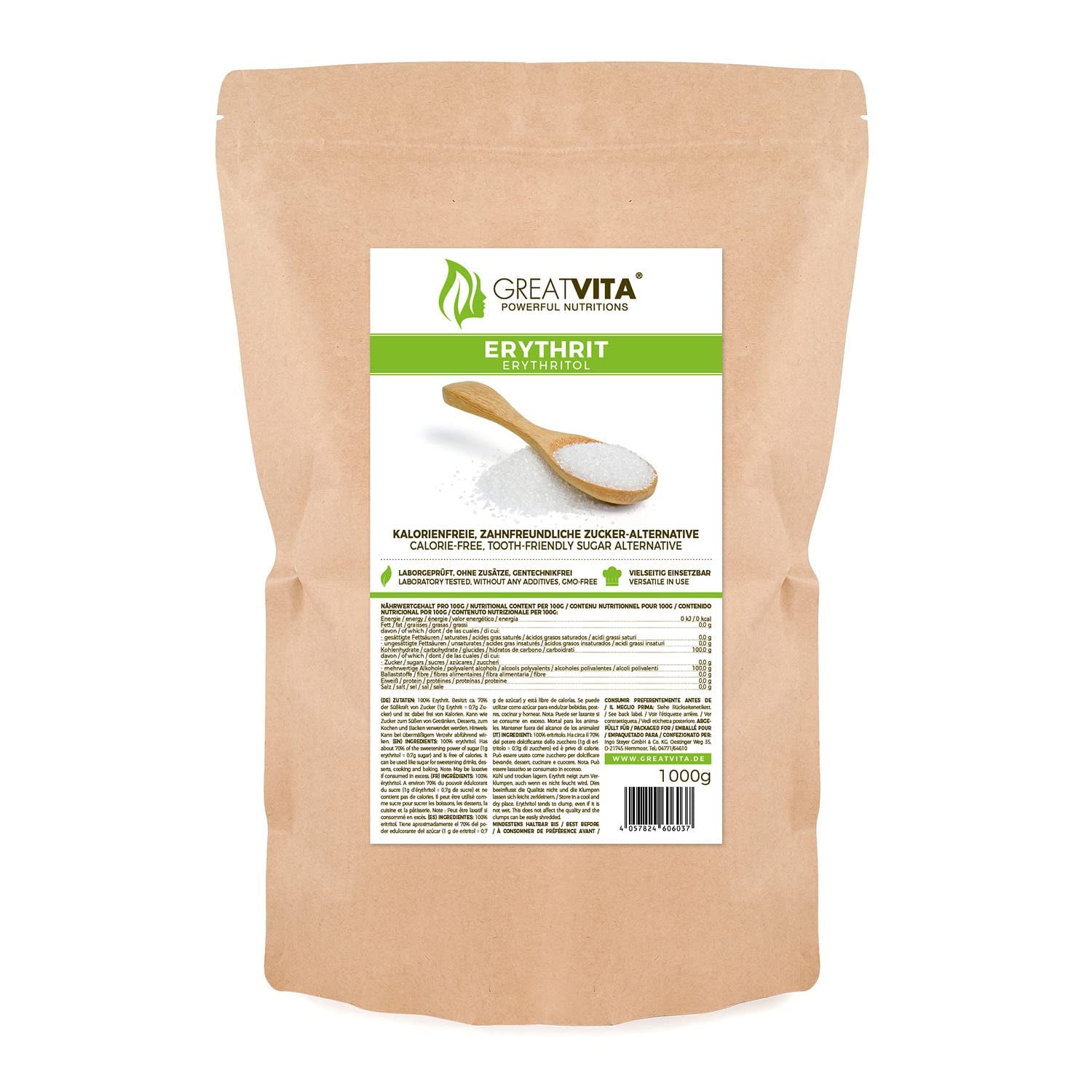 Greatvita Erythritol 1000 G | Kalorienfreie Süßungsmittel & Zucker-Alternatief | Zahnfreundlich, Gut Löslich & Glutenvrij | Ideal Für Getränke, Desserts & Backen Zoetstoffen Naty Shop 1 Kg (1Er-pakket)