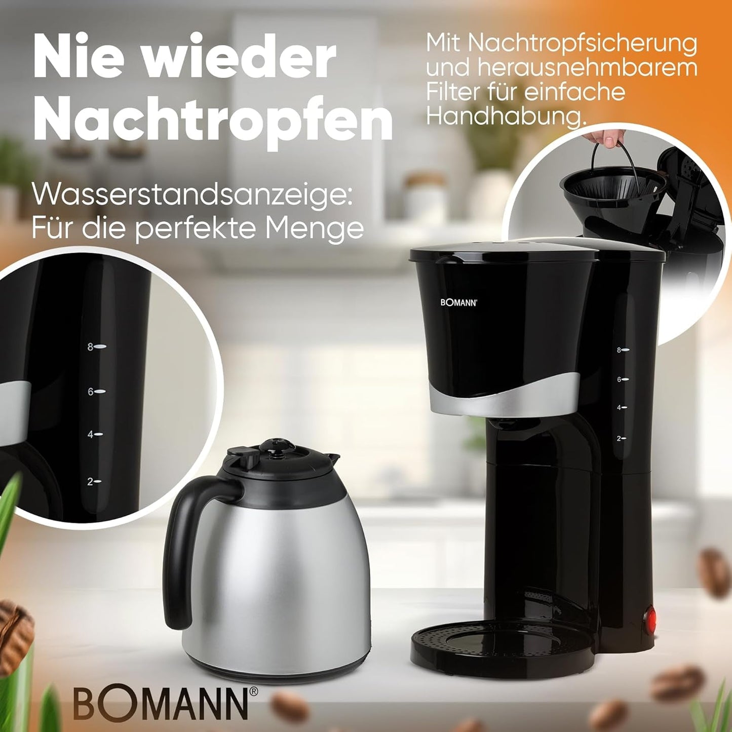 Bomann® koffiezetapparaat met thermoskan | voor 8-10 koppen koffie | zonder temperatuurverlies | koffiezetapparaat met filter | 1 liter | Espresso | Filterkoffiezetapparaat met thermoskan | KA 168 zwart
