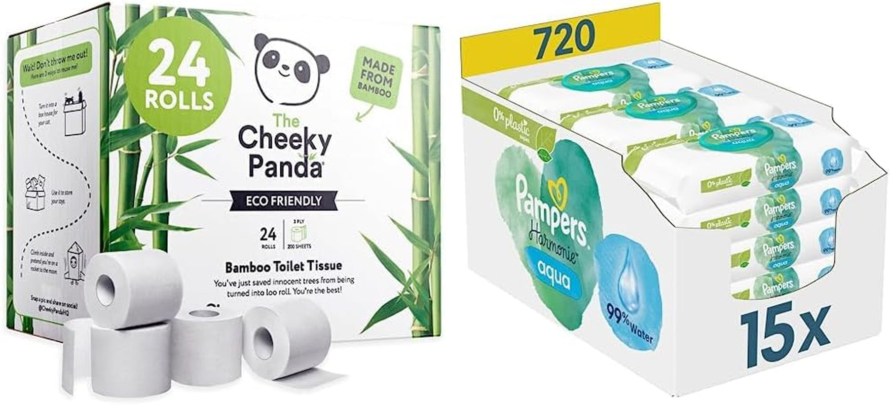 Shop Bulk Cheeky Panda Bamboe Toiletrollen en Pampers Harmony Aqua Baby Natte Doekjes Doos, 720 Doekjes (15 x 48), Zachte Huidbescherming met 99% Water