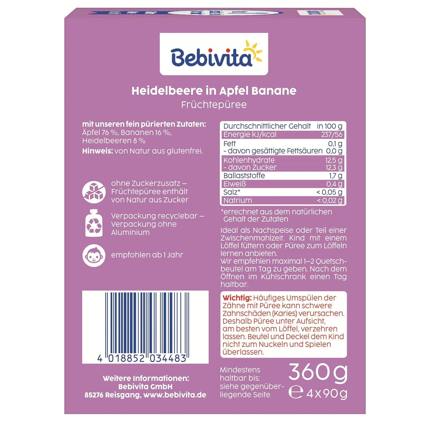 Bosbessen-, appel- en banaan-squeezable zakjes - 16 (4 verpakkingen, elk 4 x 90 g), geen toegevoegde suikers, glutenvrij, ideaal voor afhaalrestaurants en snacks voor onderweg