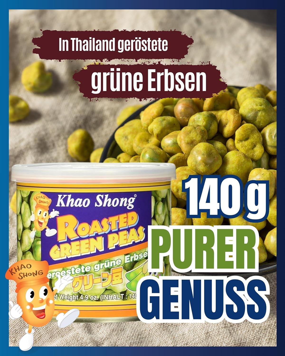 Khao Shong Gebakken groene erwten met wasabi, knapperige erwten in een pittig beslag, een vetarm alternatief voor noten, medium pikant, 1 blik van 140 g | 140 g (1 pakje)