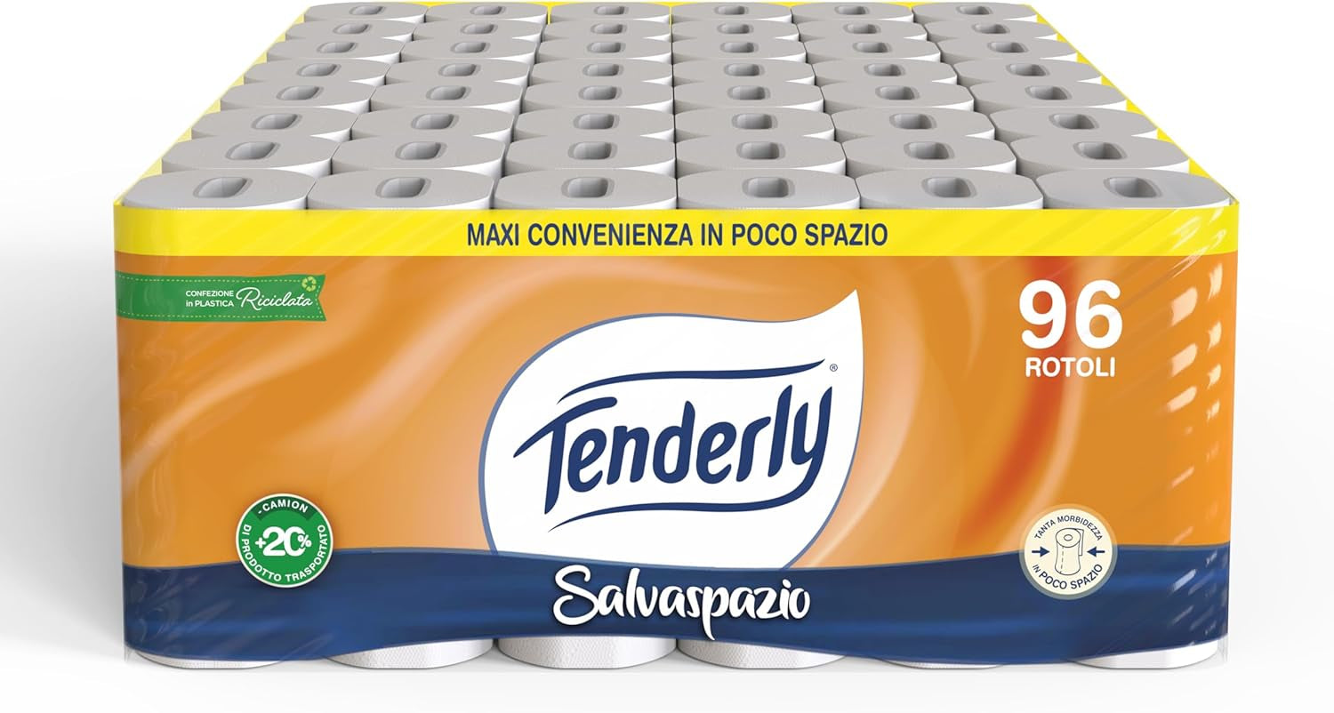 Ruimtebesparend, 96 rollen toiletpapier, 2 lagen, 220 scheurtjes per rol, Met natuurlijke extracten van kaasjeskruid en calendula, Made in Italy, Dermatologisch getest.