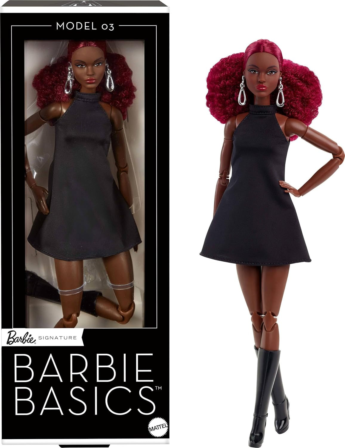 Barbie Basics Model 3 verzamelpop met rode krullen, zwarte mini-jurk en laarzen, one size fits all fashion, groot geleed lichaam en verwisselbaar hoofd, JBH75