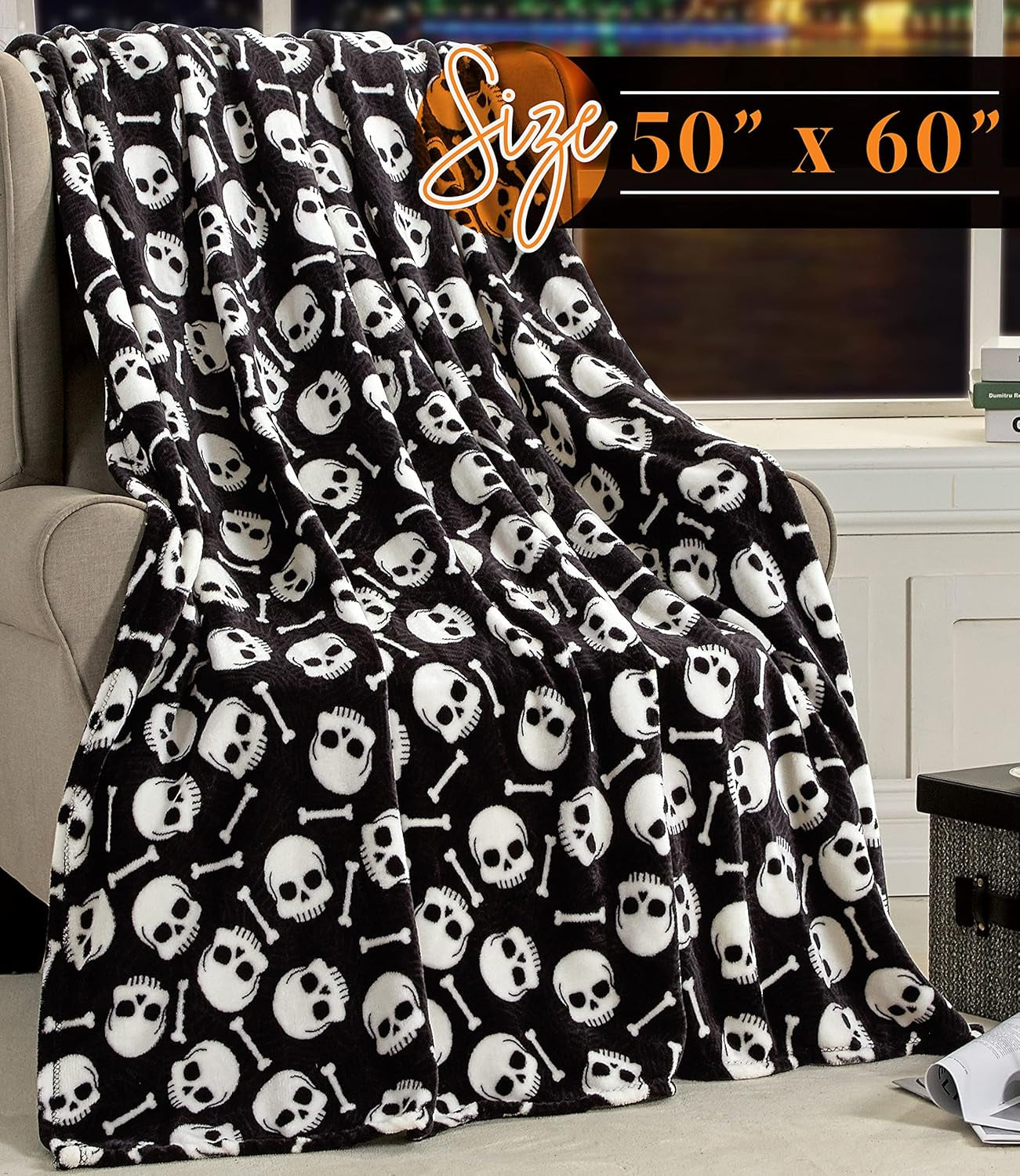Elegant Comfort Lichtgewicht Halloween-themadeken, zacht, gezellig en pluche, perfect om te ontspannen dit griezelige seizoen, 127 x 152,4 cm, Skull and Bones Elegante comfortbedden en dekbedden