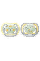 Philips AVENT Ultra Air Nachtfopspeen voor baby's vanaf 18 jaar Glow in the Dark Twin Pack Cloud/Tiger (Model SCF376/01)