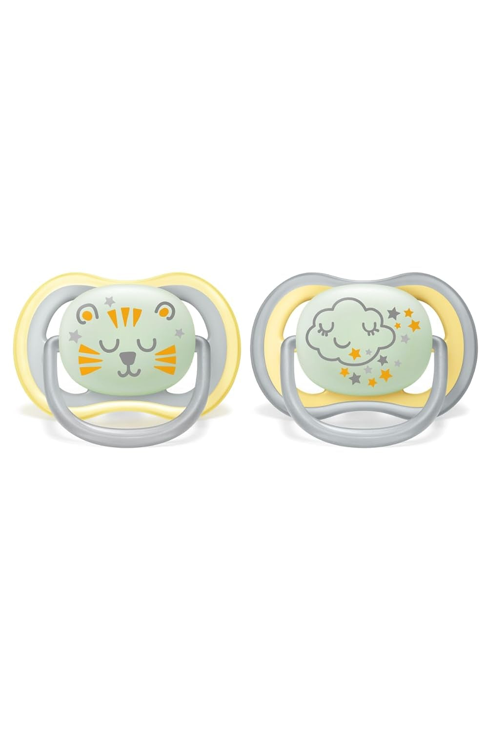 Philips AVENT Ultra Air Nachtfopspeen voor baby's vanaf 18 jaar Glow in the Dark Twin Pack Cloud/Tiger (Model SCF376/01)