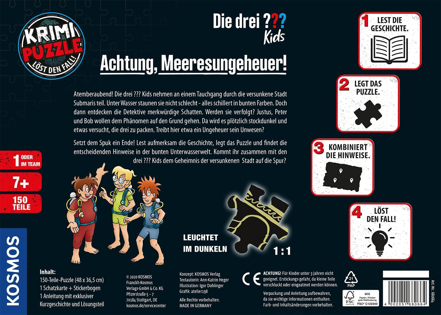 Die Drei??? Kinderen - Misdaadpuzzel - Aandacht, zeemonster Van KOSMOS 680664, 150 stukjes, Glow in the dark, Lezen, puzzels, puzzels oplossen, detectivepuzzel voor kinderen vanaf 7 jaar Puzzel Naty Shop