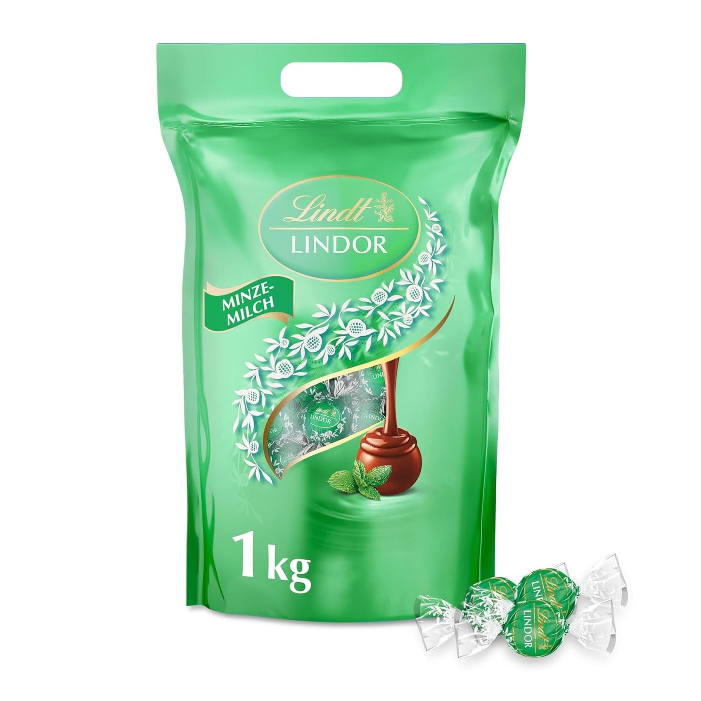 Lindt LINDOR Chocolade met Pistache | Hersluitbare zak van 1 kg | ca. 80 Melkchocoladeballetjes met smeltende pistacheroomvulling | Bulkverpakking, pralinegeschenk