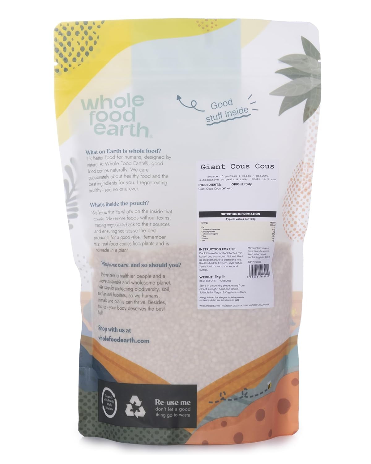 Wholefood Aarde reuzencouscous 1kg | Niet-GMO | Natuurlijk | Bron van vezels