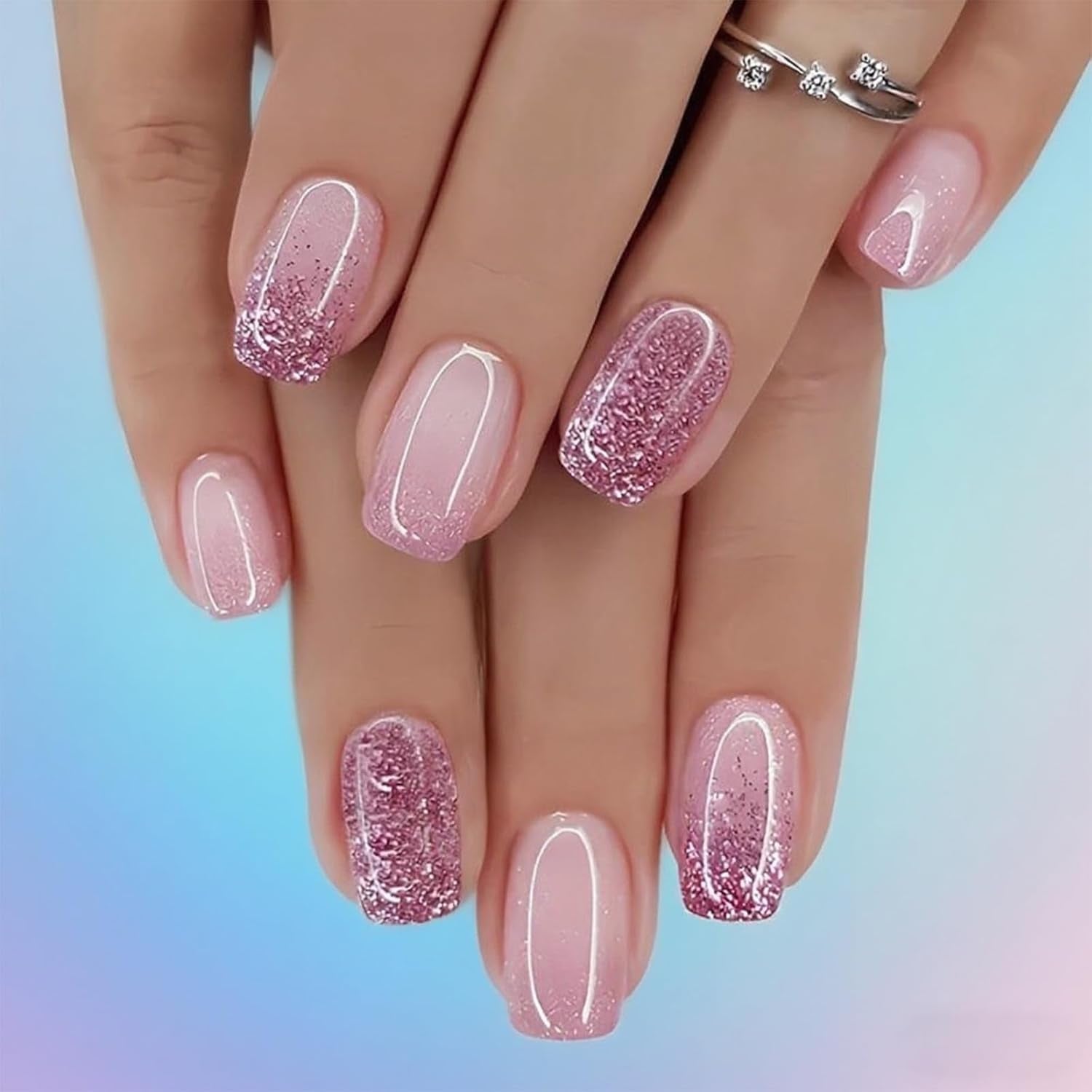 Zelfklevende kunstnagels set - Franse kunstnagels - 24 stuks Kort Vierkant Ontwerp Wit Roze Gradiënt Kunstnagels Ballerina Manicure (Kort Roze Gradiënt)