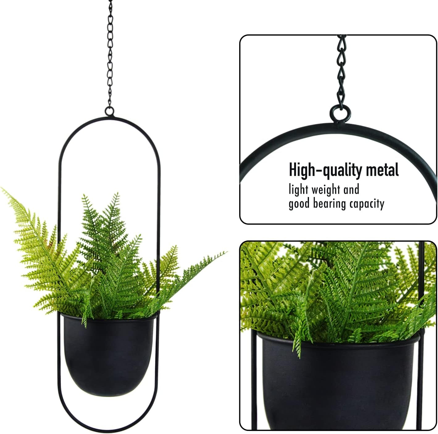 Hangende metalen bloempotten, 2 stuks, zwarte ovale geometrische plantenhanger met potten, moderne wand- en plafondplantenbak, binnen buiten, 15,2 cm, bloempotten, 2 stuks