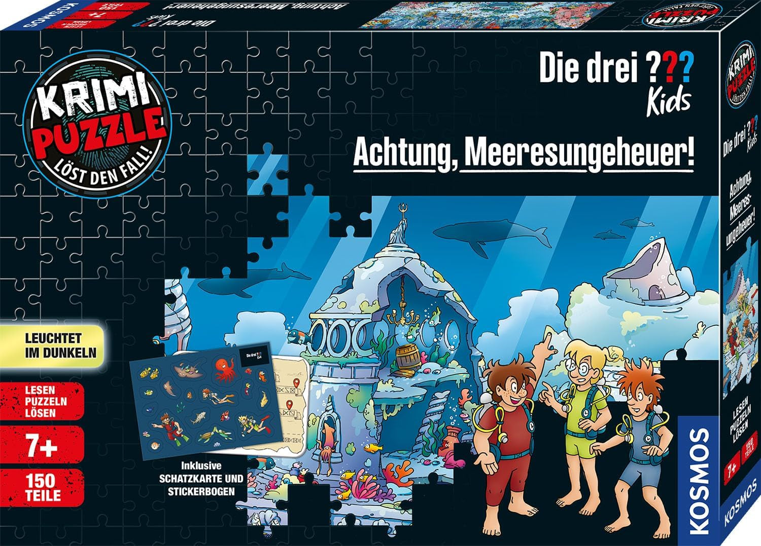 Die Drei??? Kids - Misdaadpuzzel - Kijk uit zeemonster Uit KOSMOS 680664, 150 stukjes, Glow in the dark, Lezen, legpuzzels, puzzels oplossen, detectivepuzzel voor kinderen vanaf 7 jaar Puzzel Naty Shop Standaard titel