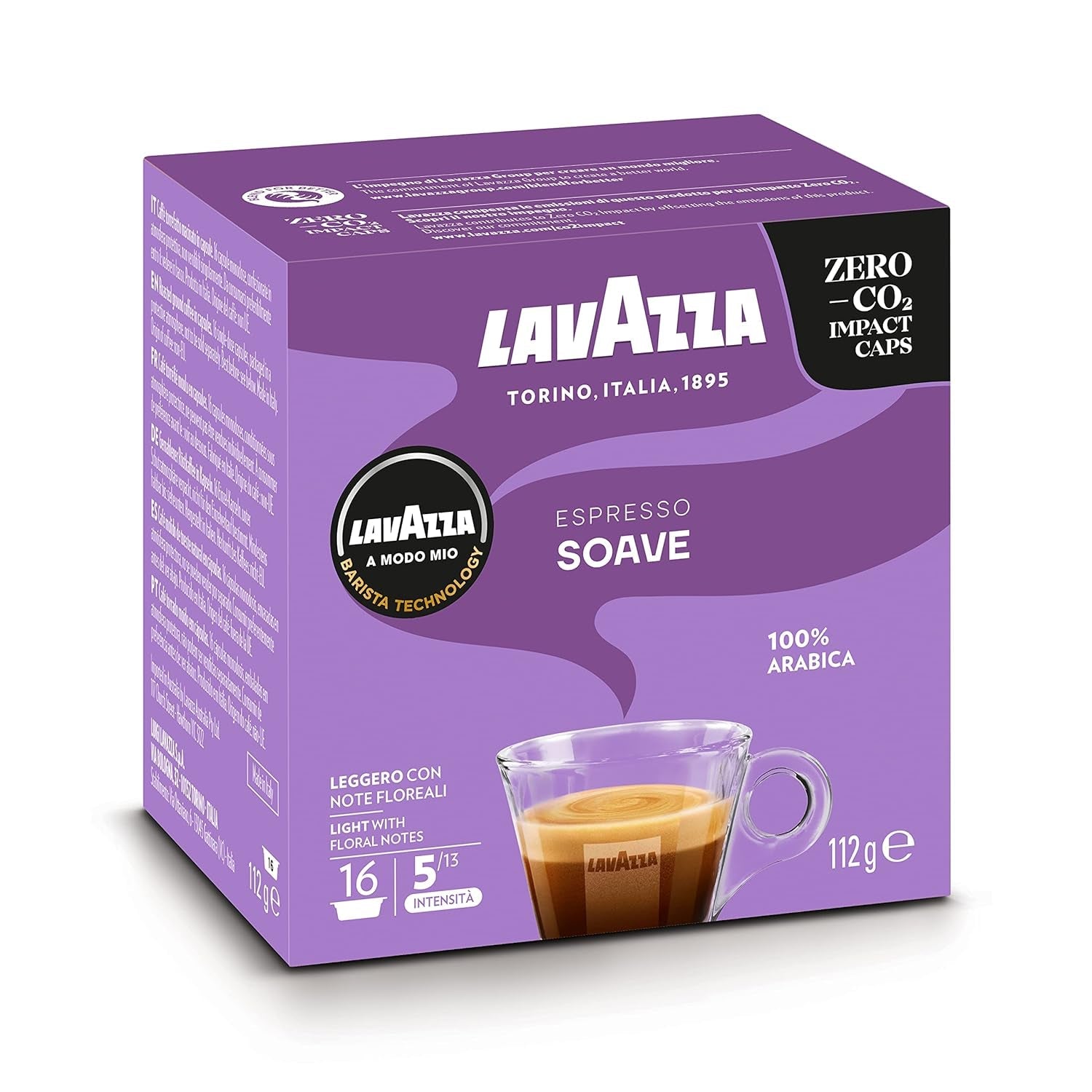 Lavazza, A Modo Mio Soave 256 Kaffeekapseln, voor een lichte en elegante espresso met aromatische noten van Blumen, 100% Arabica, Intensiteit 5/13, medium Röstung, 16 Packungen met je 16