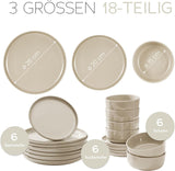 Porseleinen aardewerk serviesset voor 6, 18-delig - sterker en krasbestendig dan aardewerken borden en schalen, glanzend beige | Serviesset bestaat uit 6 dinerborden, 6 dessertborden en 6 kommen -