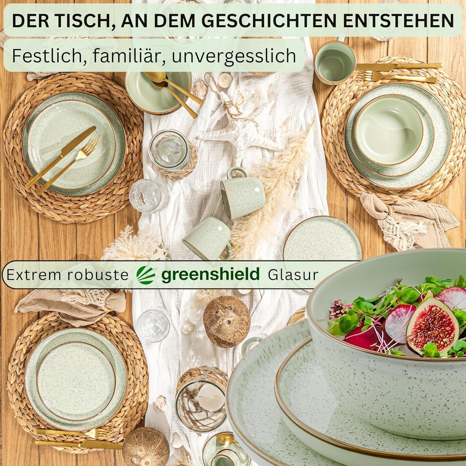 SÄNGER Rio Munt | Serviesset van steengoed voor 6, 6 borden, 6 dessertborden, 6 kommen, mintgroen | DE WAARDE-COLLECTIE