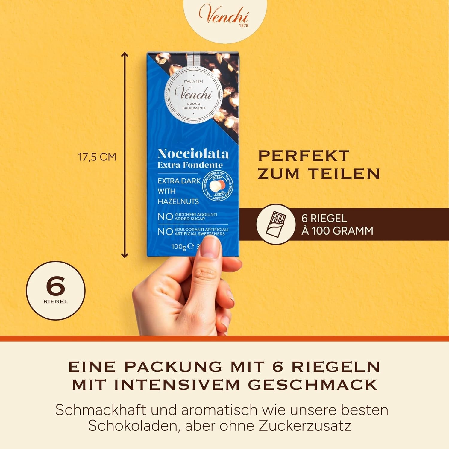Venchi - Pak van 6 pure chocoladerepen met hazelnoten, 600g - Geen toegevoegde suikers - Geen kunstmatige zoetstoffen - Glutenvrij - Veganistisch - Cadeauidee