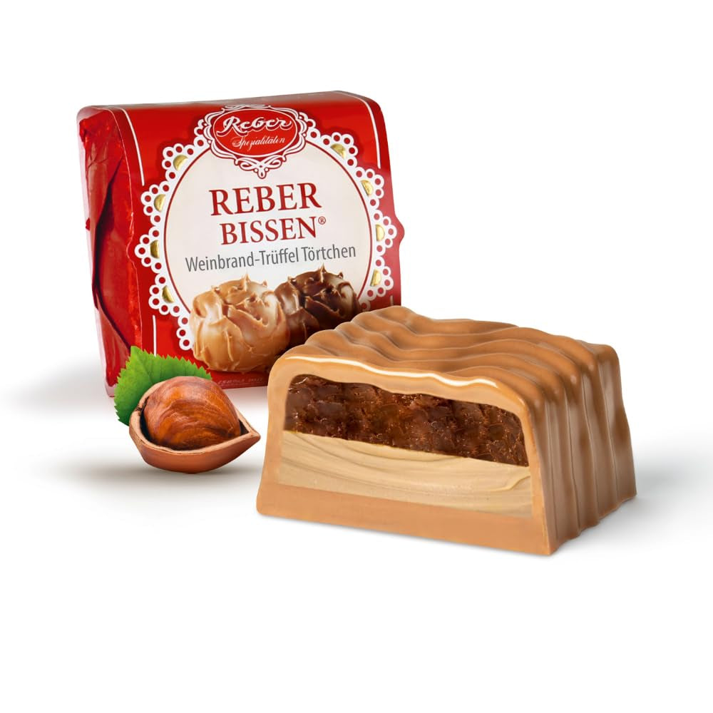 Reber Bites Chocolade- en Truffeltaart, cognactruffels op romige noga, omhuld met delicate Alpenmelkchocolade, 40 g (1 stuk)