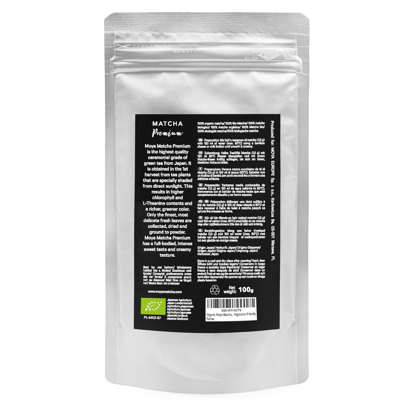Biologische Groene Thee Moya Matcha Poeder | 100 g premium kwaliteit voor ceremonie | Biologisch geteeld en geoogst in Uji, Japan | Matcha groene theepoeder | Ideaal voor de Japanse watertheeceremonie