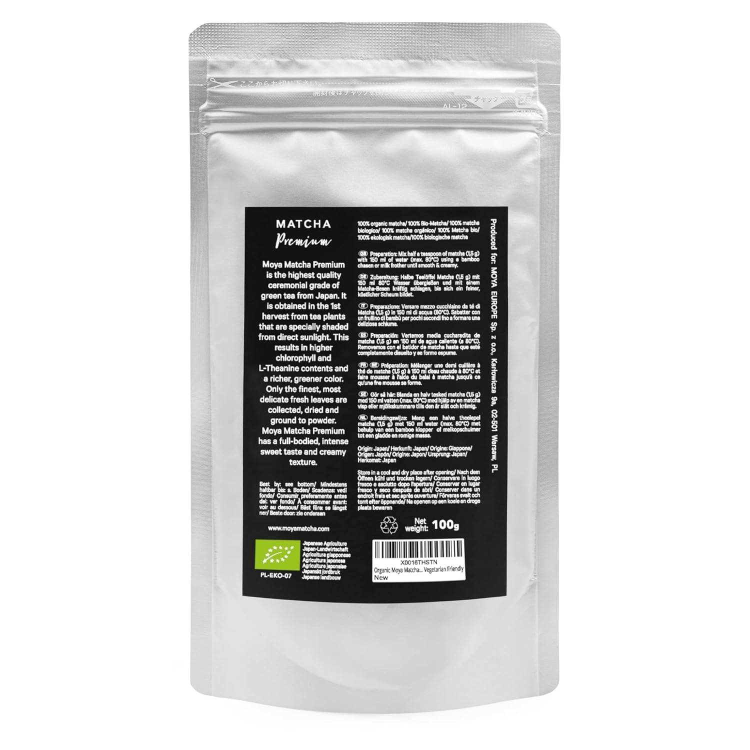 Biologische Groene Thee Moya Matcha Poeder | 100 g premium kwaliteit voor ceremonie | Biologisch geteeld en geoogst in Uji, Japan | Matcha groene theepoeder | Ideaal voor de Japanse watertheeceremonie