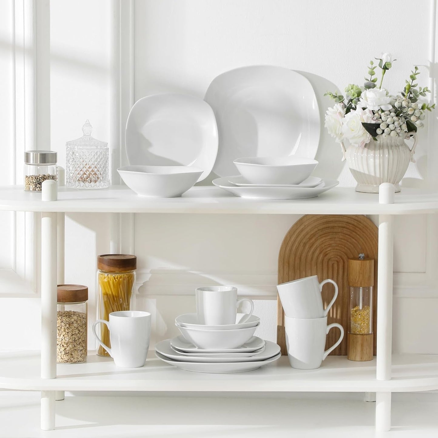 MALACASA Serviesset voor 4 personen, 16-delig wit porseleinen servies, moderne serviesset met 4 dinerborden, dessertborden, Suma-borden en kopjes, ELISA-serie
