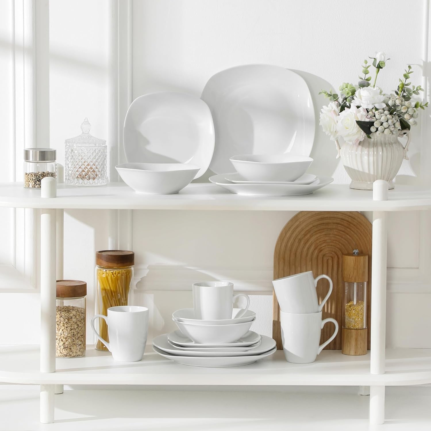MALACASA Serviesset voor 4 personen, 16-delig wit porseleinen servies, moderne serviesset met 4 dinerborden, dessertborden, Suma-borden en kopjes, ELISA-serie