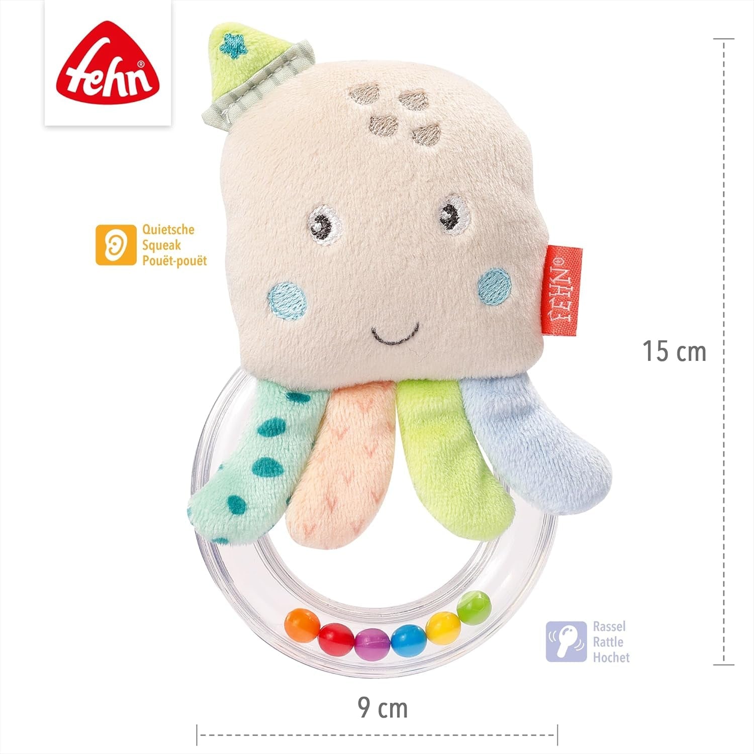 Fehn octopus speelgoed ringbel - rammelaar, piep, voel motoriek speelgoed - knuffel voor baby's met zachte stof - speelgoed voor baby's en peuters vanaf 0+ maanden Babyspeelgoed Naty Shop