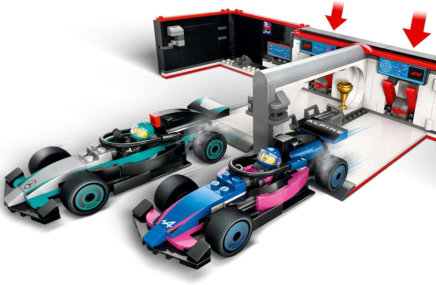 LEGO City F1 Garage met Mercedes-Amg en Alpine raceauto's - Formule 1 raceauto met 2 coureurs en 4 mechanische minifiguren - Cadeau voor jongens en meisjes vanaf 7 jaar en fans 60444 Beschouw de LEGO-Store bouwsets