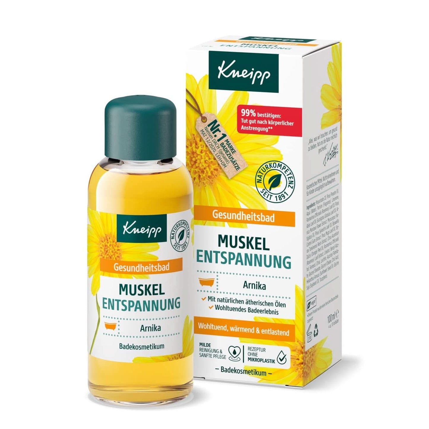 Kneipp Health Bad, Spierontspanning, Badolie met arnica-extract en essentiële oliën van Cabreuva-, Rozemarijn- en Pinus-soorten, revitaliseert en geneest na lichamelijke inspanning, 100 ml Naty Shop Standaardtitel