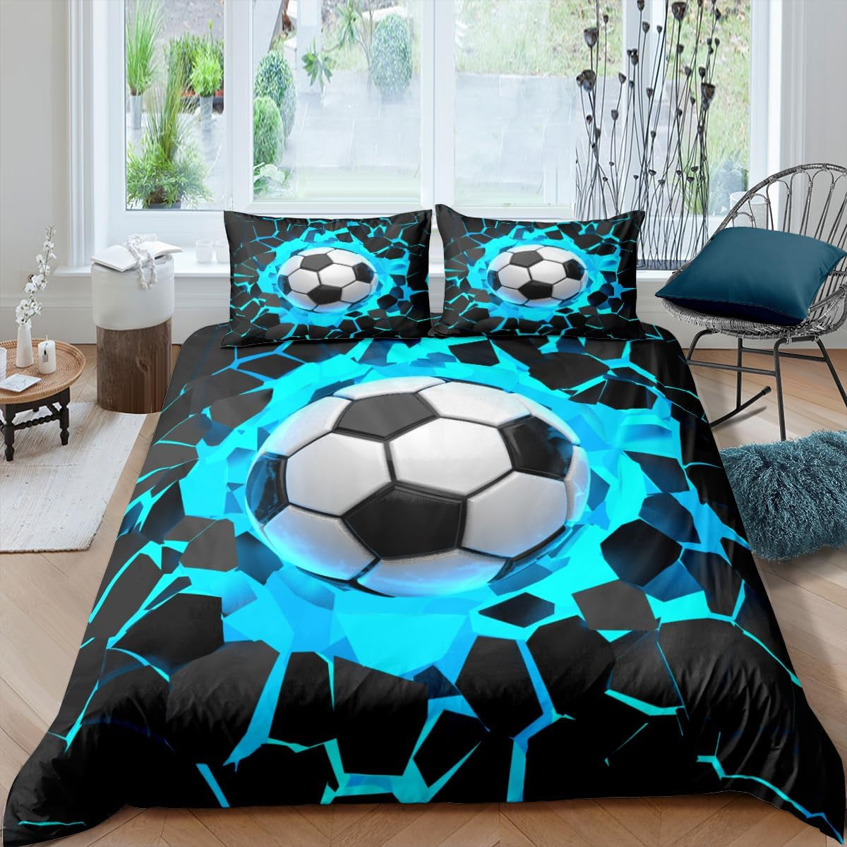 Kinderbeddengoed, voetbal, polyester microvezel Beddengoed - kinderen Naty Shop Blauw 135 X 200 Cm