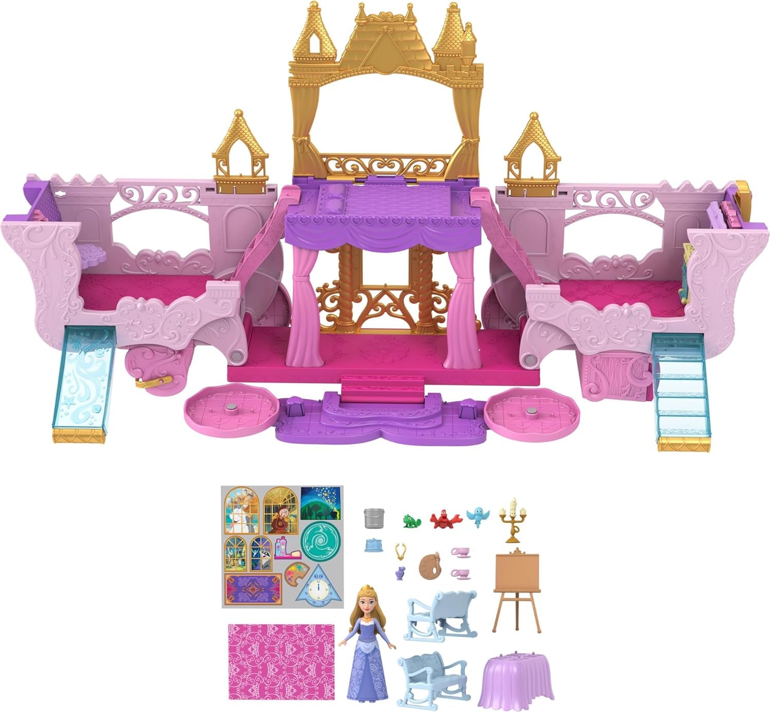 Mattel Disney Princess Transformerende speelset Koets naar kasteel met kleine Aurora-pop, 3 niveaus, 6 speelplekken, 4 figuren, meubels en accessoires HWX17 Naty Shop-poppen