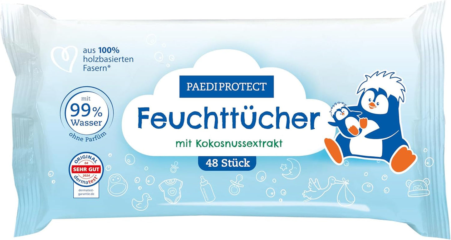 PAEDIPROTECT Babydoekjes 1 x 10 stuks Gevoelige babywaterdoekjes 99% water Geurvrij Baby en kinderen Gevoelige huid Kokosextract Microplasticvrij Veganistisch (5-pack)