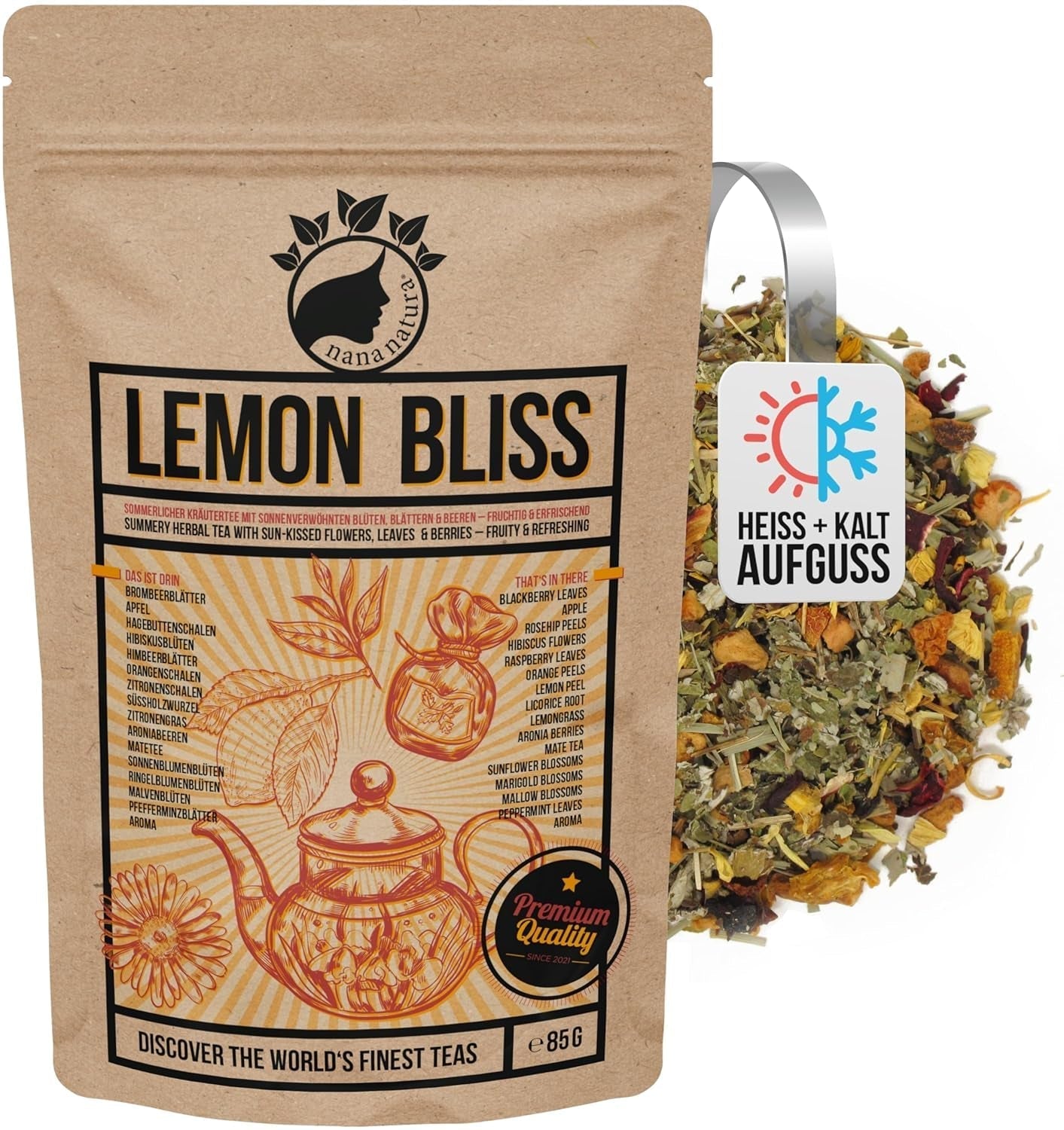 Nananatura'S Originele CITROEN BLISS THEE 85G | Fruitige en verfrissende zomerkruidenthee | Als koude thee, ijsthee of klassiek heet | Met bloemen, bladeren en zongerijpte bessen | Geen suiker