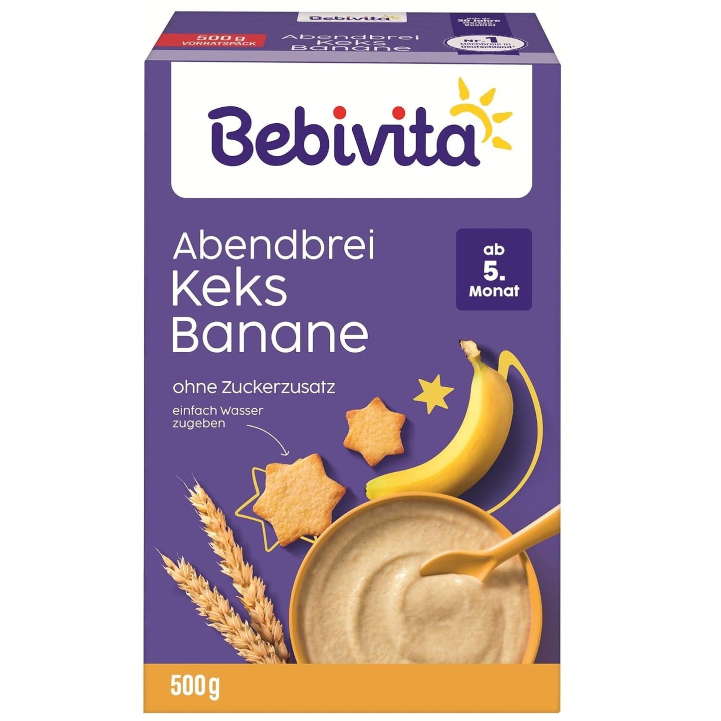 Avondpap met koekjes en bananen (4x500g), melkpap vanaf 5 maanden, zonder toegevoegde suiker, met waardevolle mineralen en vitamines, zeer vullend