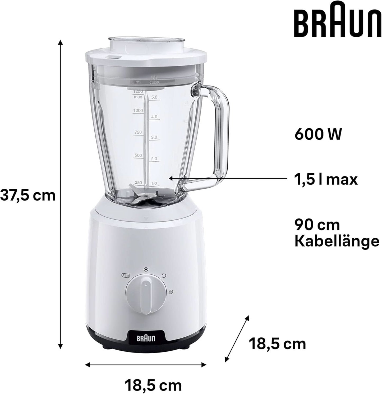 Braun Powerblend 1 JB1050WH - Standmixer Met 1,5 L Glas-Mixaufsatz, Küchenhelfer Zum Zerkleinern, Pürieren & Mixen, Ice-Crush-Funktion, 2 Geschwindigkeiten, 600 Watt, Weiß Kitchen Naty Shop
