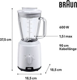 Braun Powerblend 1 JB1050WH - Standmixer Met 1,5 L Glas-Mixaufsatz, Küchenhelfer Zum Zerkleinern, Pürieren & Mixen, Ice-Crush-Funktion, 2 Geschwindigkeiten, 600 Watt, Weiß Kitchen Naty Shop
