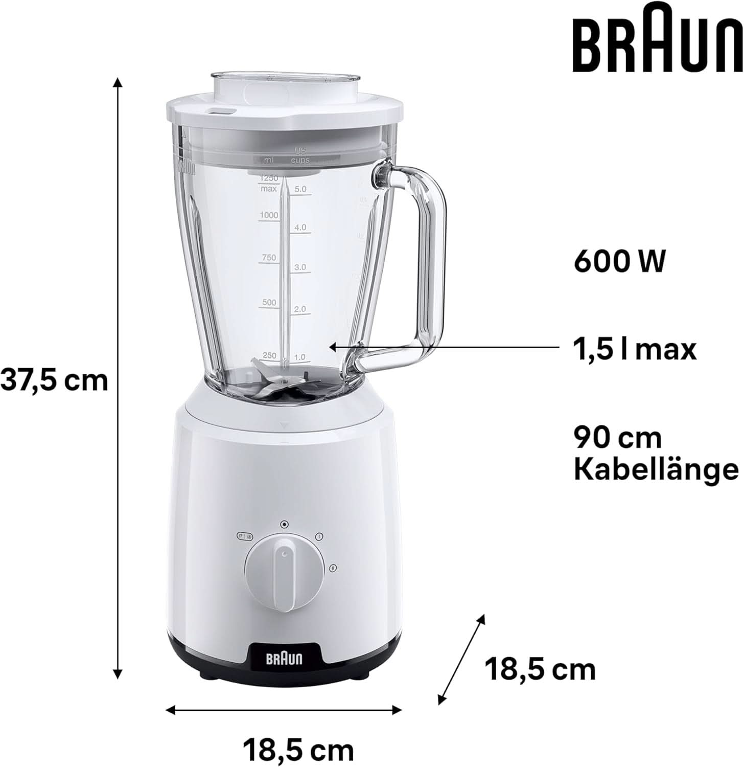 Braun Powerblend 1 JB1050WH - Standmixer Met 1,5 L Glas-Mixaufsatz, Küchenhelfer Zum Zerkleinern, Pürieren & Mixen, Ice-Crush-Funktion, 2 Geschwindigkeiten, 600 Watt, Weiß Kitchen Naty Shop