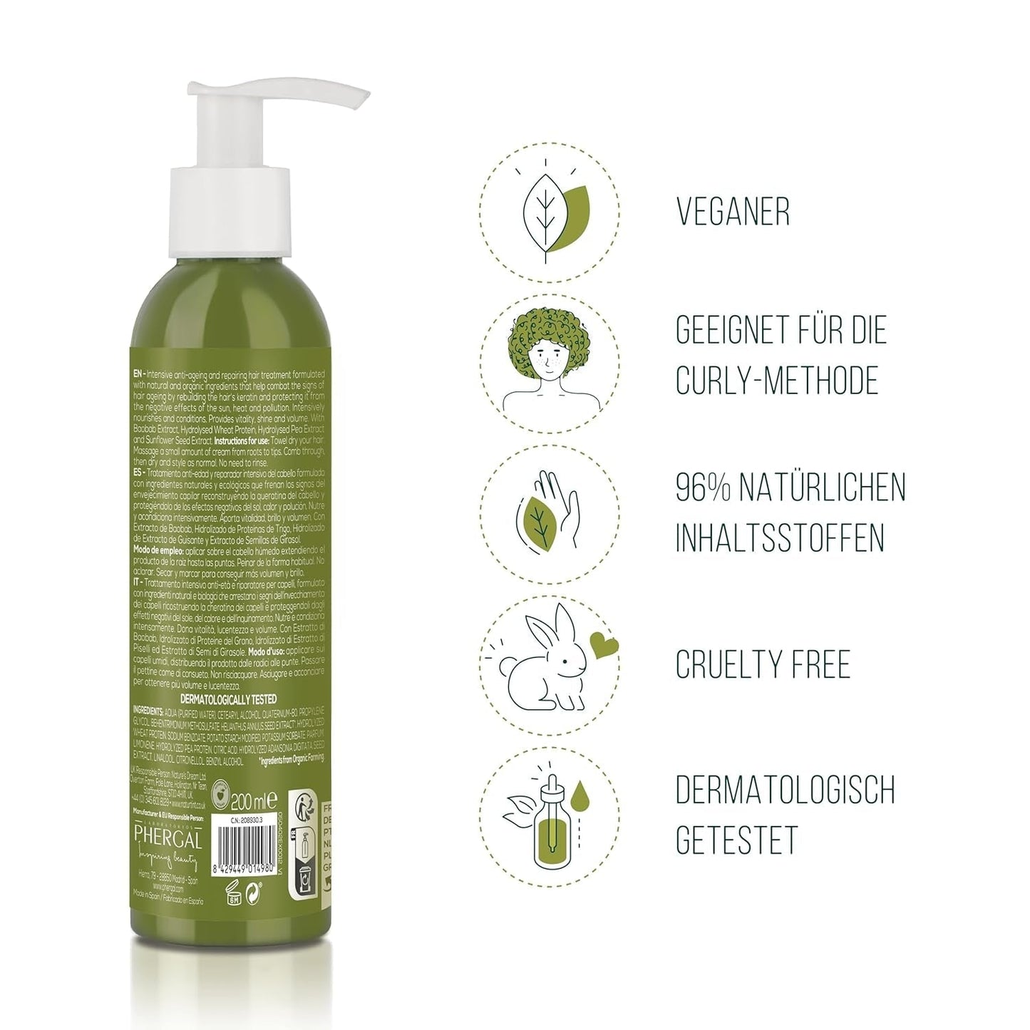 Natuurlijke tint CC-crème. Geen uitspoelbaar haarmasker. Voor droog en beschadigd haar. Herstelt en hydrateert. 96% natuurlijke ingrediënten. 200ml Naty Shop haarmasker