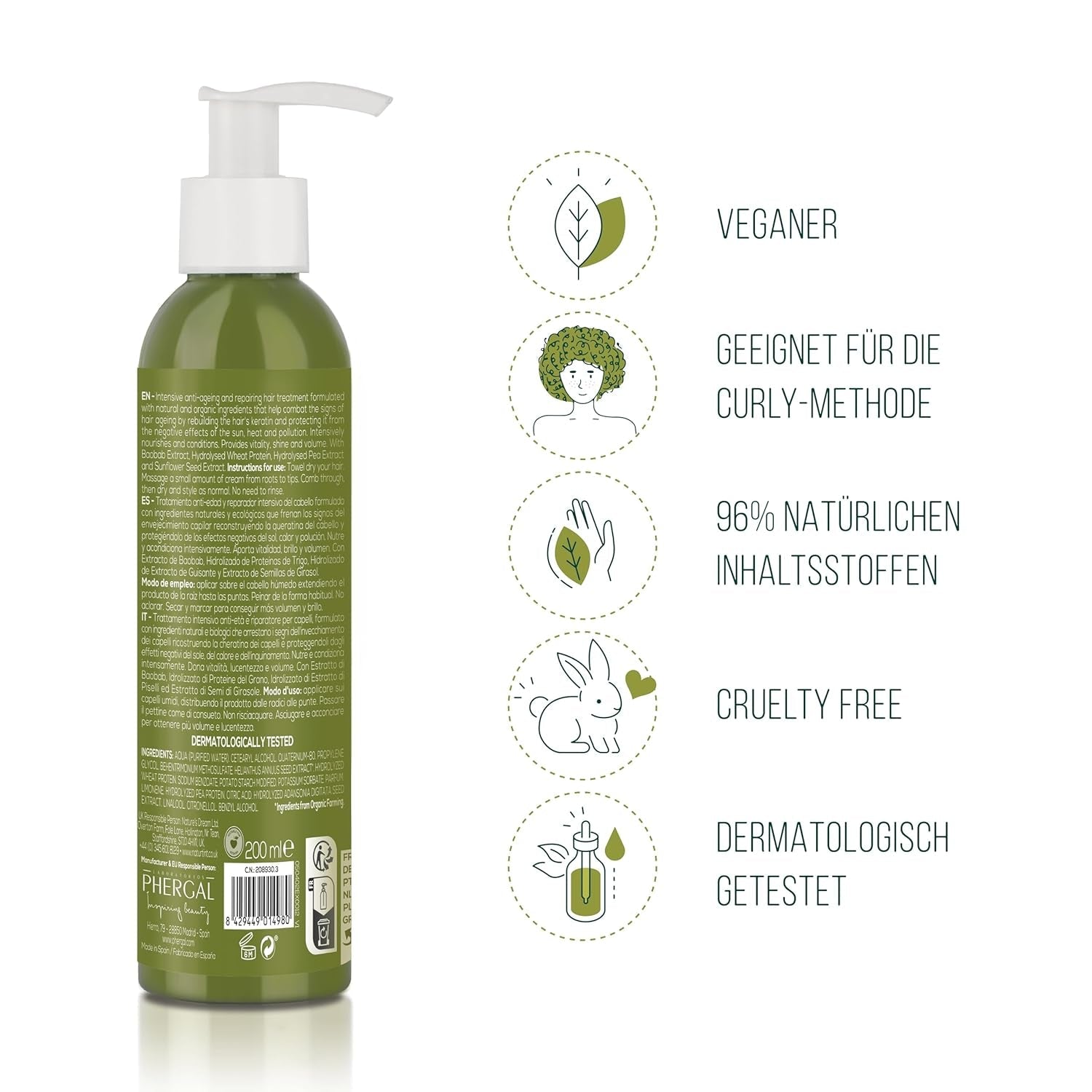 Natuurlijke tint CC-crème. Geen uitspoelbaar haarmasker. Voor droog en beschadigd haar. Herstelt en hydrateert. 96% natuurlijke ingrediënten. 200ml Naty Shop haarmasker