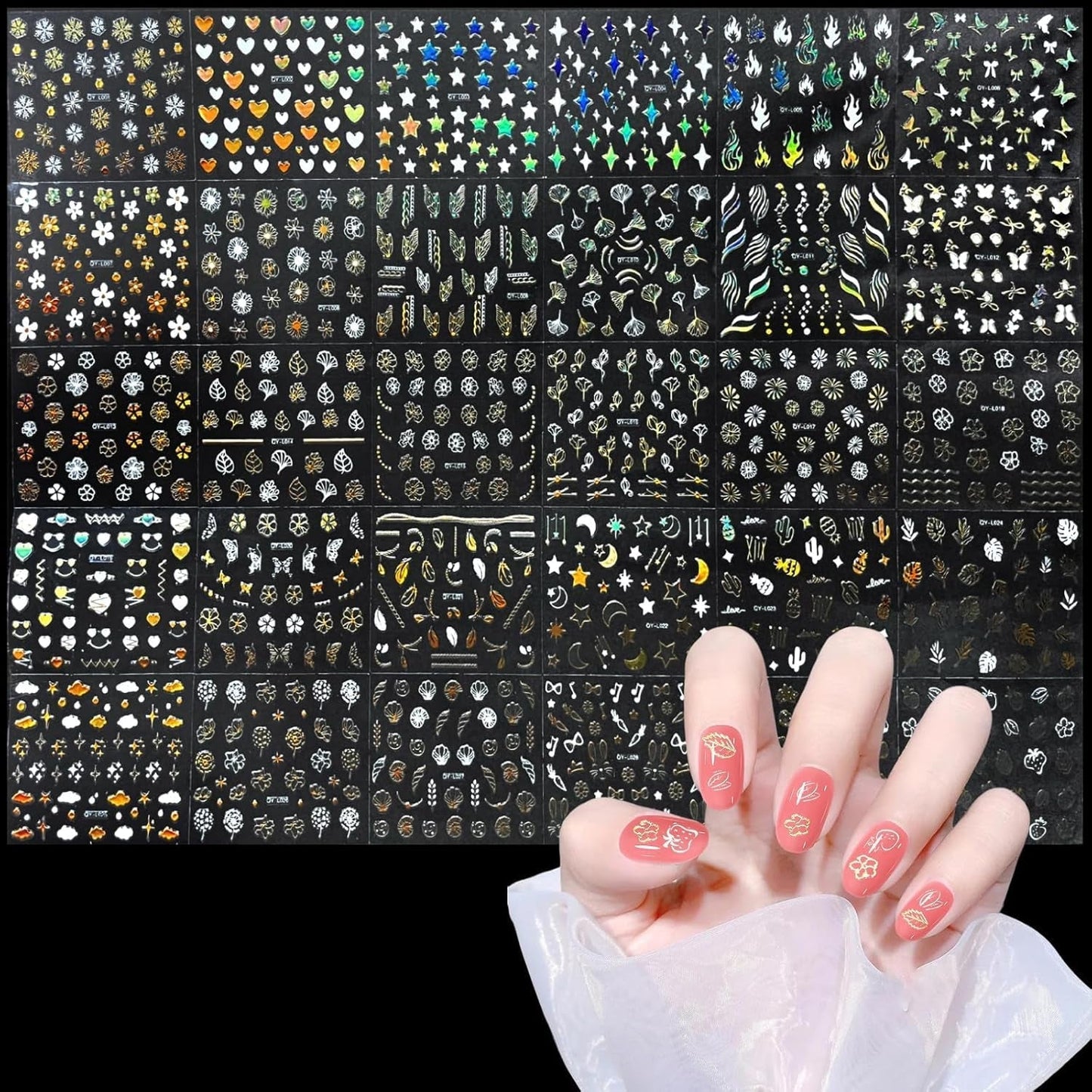 3D Nagelsticker Aurora 30 Blatt Gold Nail Art Sticker Selbstklebend Nagelaufkleber Holografisches Stern Herz Decoratie Nageldesign Zubehör