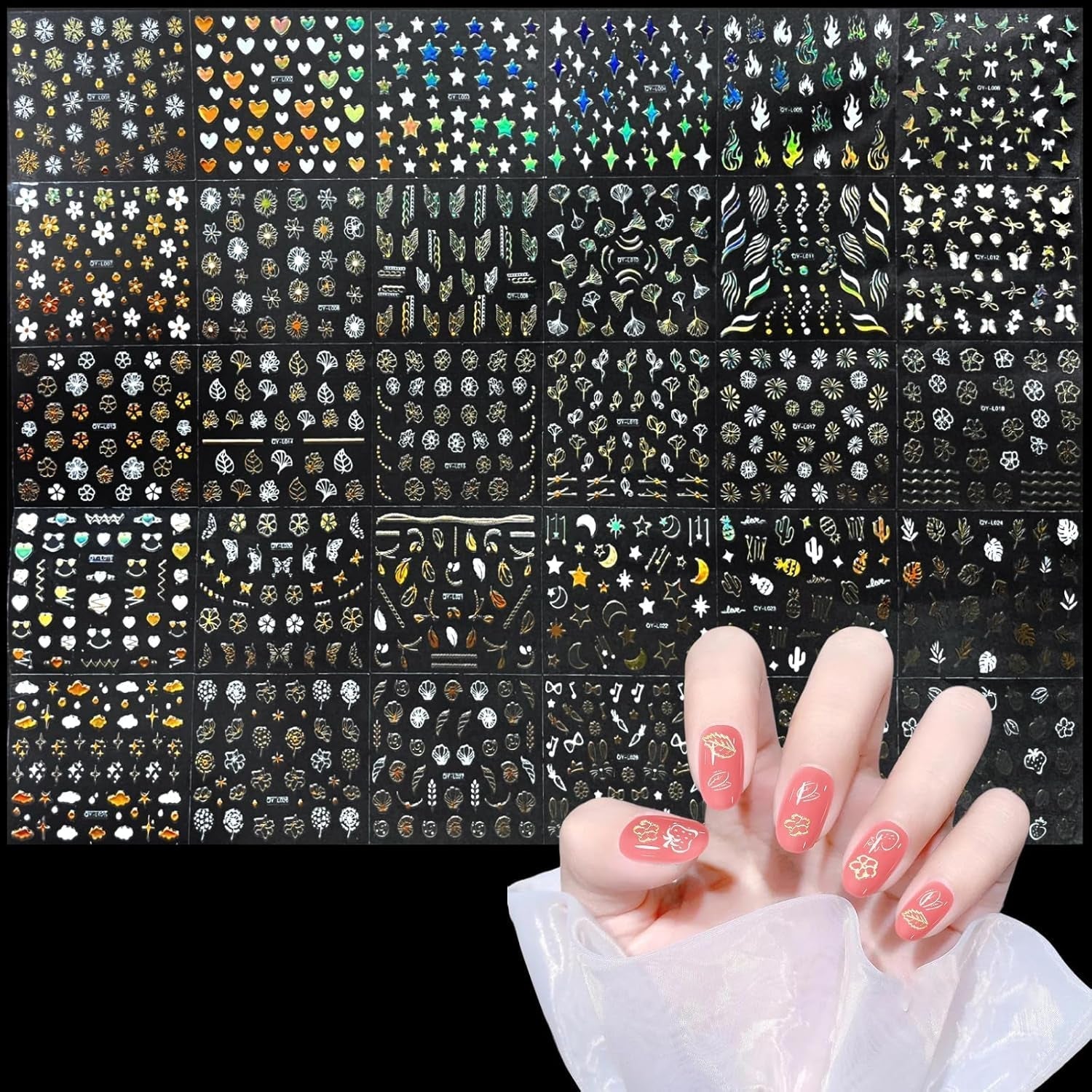 3D Nagelsticker Aurora 30 Blatt Gold Nail Art Sticker Selbstklebend Nagelaufkleber Holografisches Stern Herz Decoratie Nageldesign Zubehör